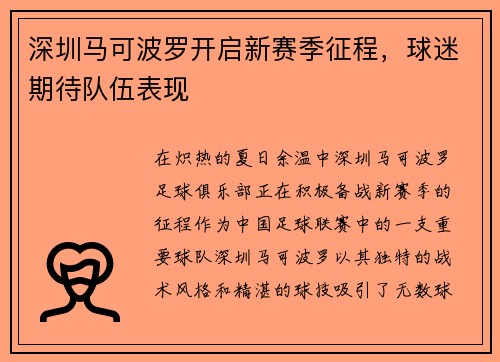 深圳马可波罗开启新赛季征程，球迷期待队伍表现